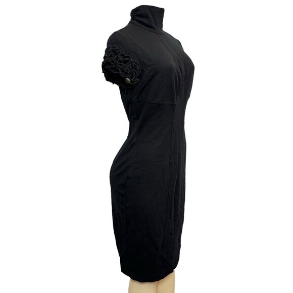 VTG Y2K Cache Contour Fitted Dress Ruffle Short Sleeve Turtleneck Knee Length 12 - Picture 5 of 16